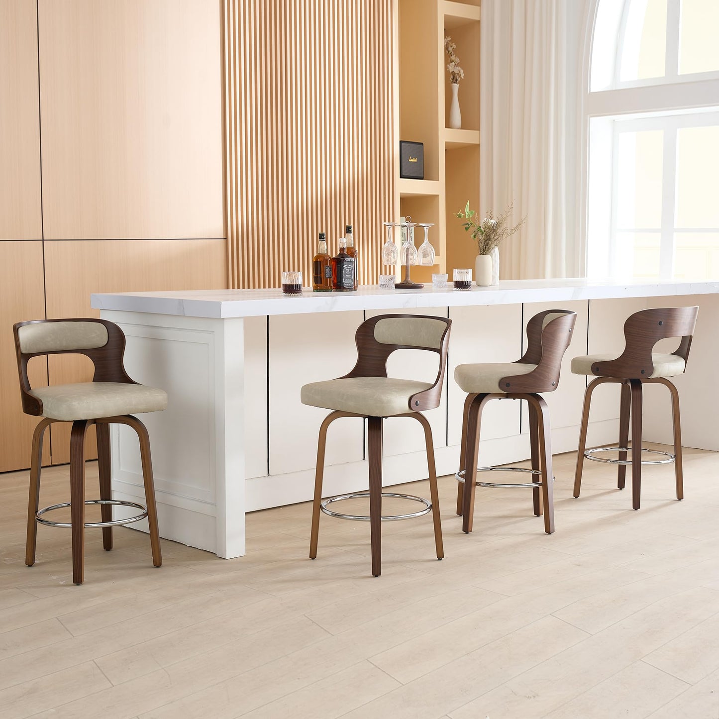 ClinQ Counter Height Bar Stools 26" Barstools with Bentwood Legs and Back, Faux Leather 360° Swivel Counter Stools, Mid Century Accent Bar Stools Set of 4 for Kitchen, Restaurant, Grey