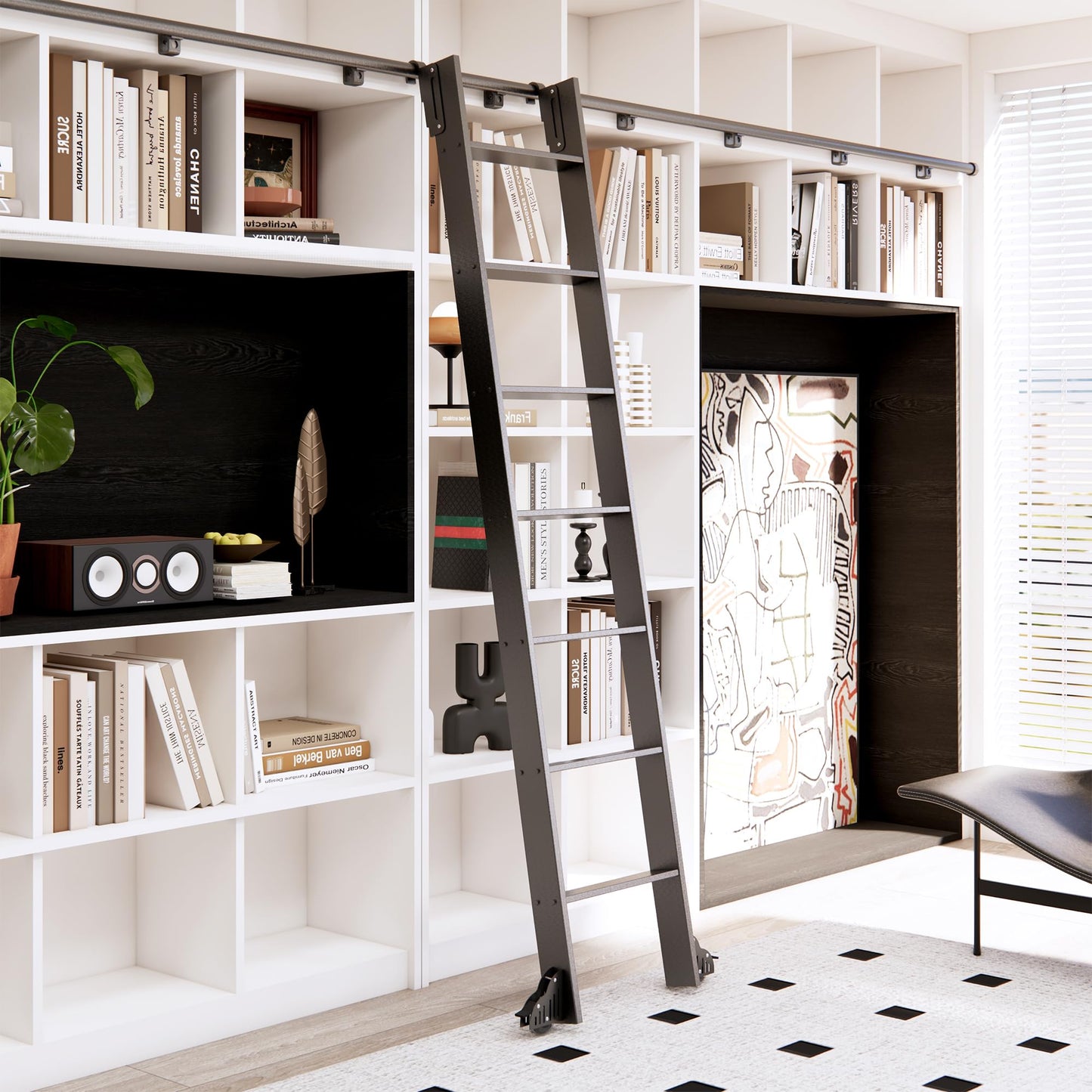 HARDJULAN 87" Black Sliding Library Ladder with 3.3FT Hook Track – Lightweight Aluminum Rolling Ladder with Braking Wheels, Space-Saving Rail Mounted Ladder System for Home Library, Closet & Storage