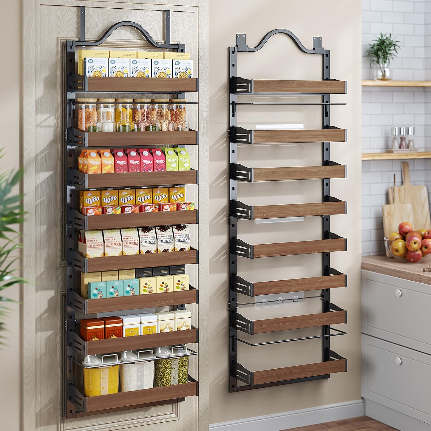 Freexployer 8-Tier Spice Rack Wall Mount, Heavy-Duty Over the Door Pantry Organizer with Wooden Adjustable Basket, 2 IN 1 Wall Mount or Hanging Pantry Door Organizer,Door Spice Rack for Pantry, Black