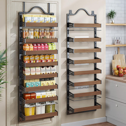 Freexployer 8-Tier Spice Rack Wall Mount, Heavy-Duty Over the Door Pantry Organizer with Wooden Adjustable Basket, 2 IN 1 Wall Mount or Hanging Pantry Door Organizer,Door Spice Rack for Pantry, Black