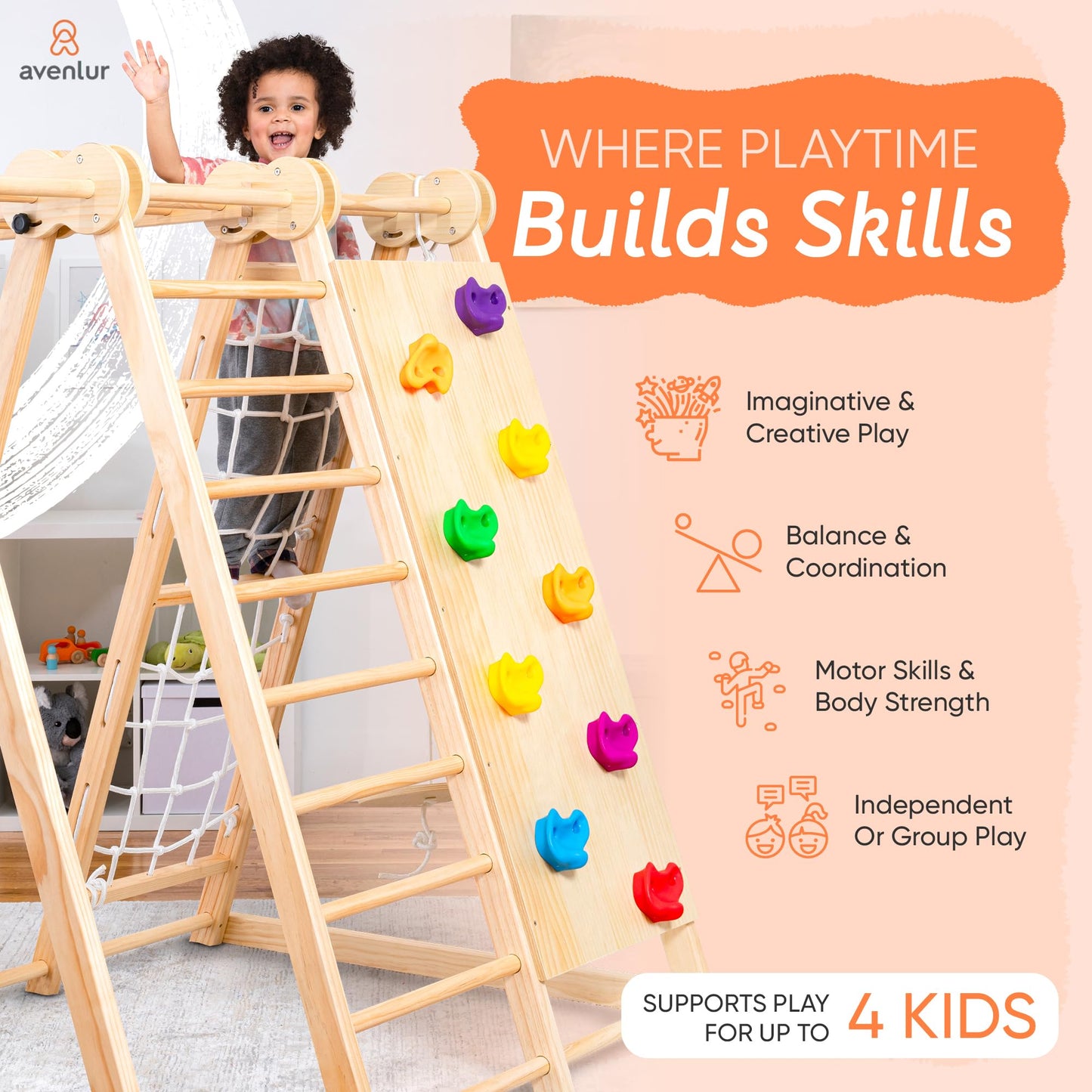 Avenlur 8-in-1 Indoor Play Gym – Toddler Jungle Gym for Kids Ages 2–6 – Indoor Playground Wooden Climbing Playset with Slide, Monkey Bars, Ladder, Rope Ladder, Rock Climbing, Swing, Rings, Disc Swing
