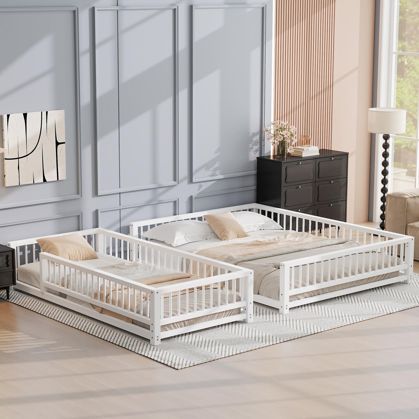Bellemave Metal Twin XL Over Queen bunk Bed, Floor Twin XL Over Queen Bunk Bed Frame with Ladder and Safety Guardrails, White