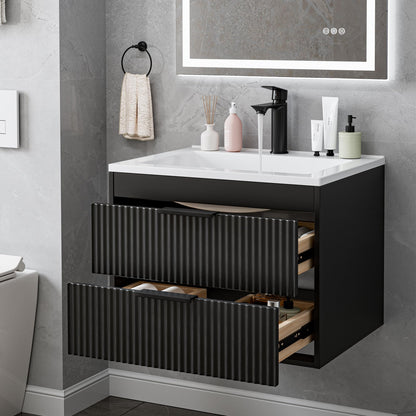 24 Inches Modern MDF Bathroom Vanity with Sink, Wall Mounted Floating Cabinets w/Double Drawers, Black Handles, White Resin Sink Combo Set (Black, 24")