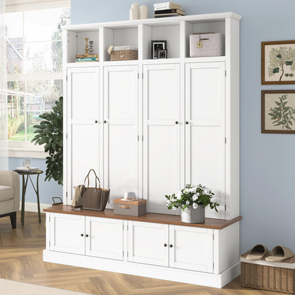 Hall Tree with Bench and Shoe Storage, Entryway Coat Rack with Cabinet, 4-in-1 Mudroom Bench with Hooks and Open Cubbies, Clothes Rack for Hanging Closet, Entryway Organizer for Hallway Living Room,A1
