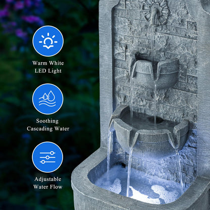 Solarbloom 30.3" H Outdoor Water Fountain, Freestanding Waterfall with LED Lights, Floor-Standing Water Feature for Patio, Garden, Backyard, Porch, Home Decor
