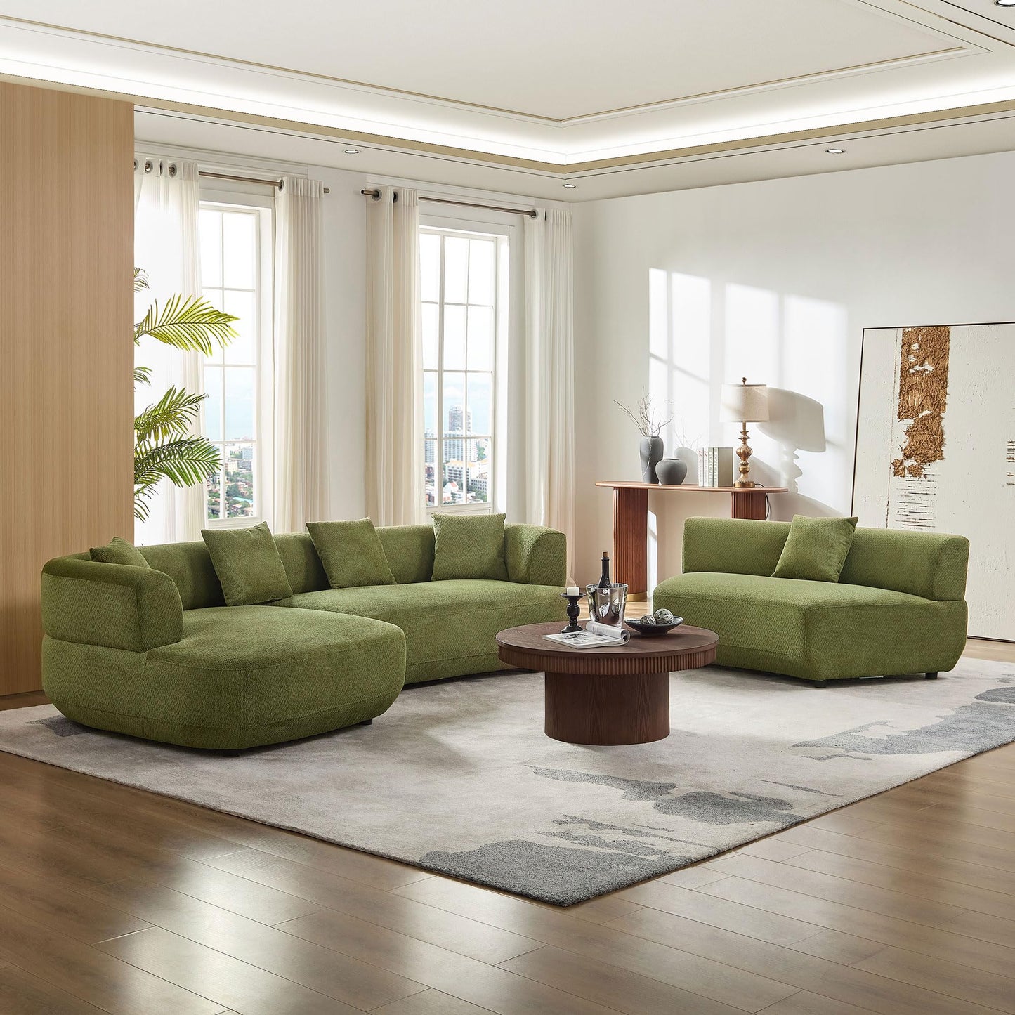 KEIKI 177" Curved Oversized Boucle Modular Sectional Sofa with Left Chaise, Upholstered 6-Seater Comfy Couch with 40D High-Resilience Seat Cushion & 5 Pillows, Easy Assembly, for Living Room, Green