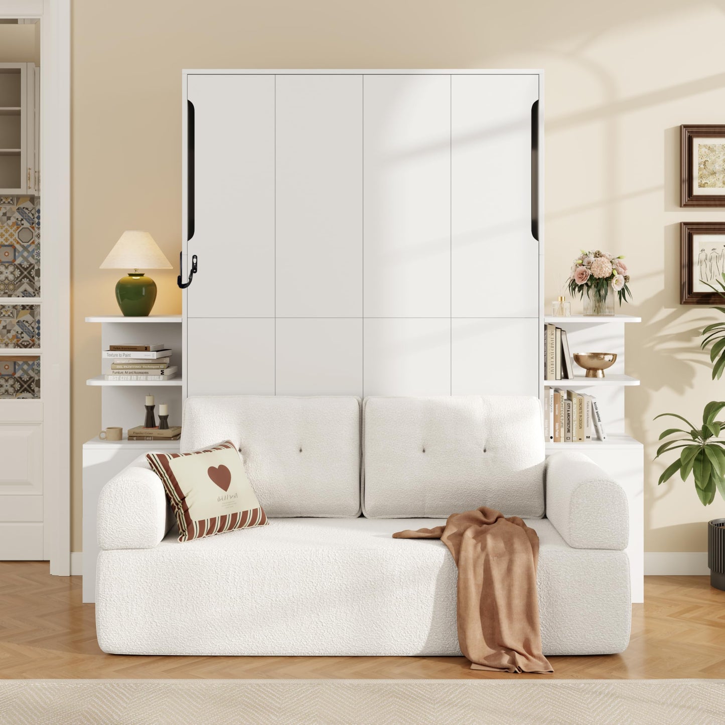 Ball & Cast Murphy Bed Full Size Murphy Beds with Sofa and Storage Cabinets,Wood Wall Hideaway w/Slat Support,can be Folded,Space-Saving,for Small Room,Dorms,White