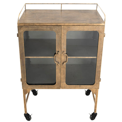 Creative Co-Op Vintage Metal Bar Cabinet with Glass Doors and Wheels, Antique Brass