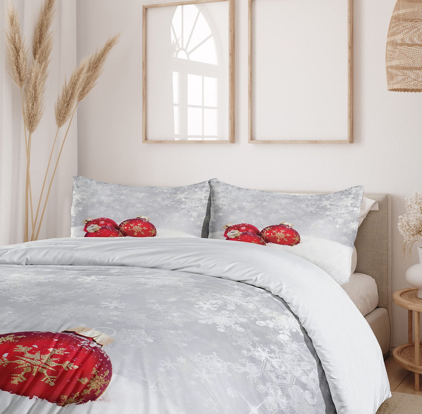 Ambesonne Christmas Duvet Cover Set, Xmas Baubles on Snow with Snowflakes Ice Holiday Humanitarian Artwork Illustration, Decorative 3 Piece Bedding Set with 2 Pillow Shams, Queen Size, White Red