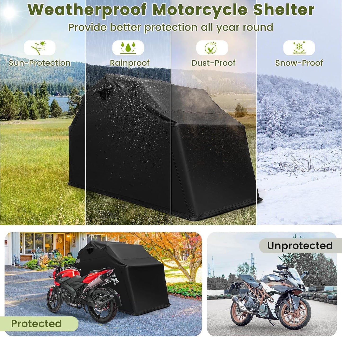 ERGOMASTER Motorcycle Shed, 136" x 54" x 75" Heavy Duty Waterproof Motorcycle Garage with 600D Oxford Fabric, Roll-up Mesh Windows Shed