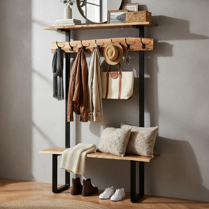 Alpine Live Edge Hall Tree with Bench and Coat Rack – Modern Rustic 48-Inch Solid Wood Entryway Organizer with Shelf, 7 Double Coat Hooks, & Bench for Mudroom or Foyer by Alaterre Furniture (Natural)