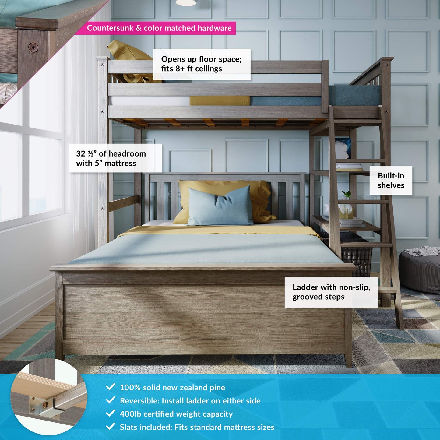 Max & Lily L Shape Twin over Full Bunk Bed with Bookcase, Clay
