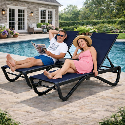 Kozyard Outdoor Chaise Lounge Chair, All Aluminum Frame and Textilene Fabric, Fully Flat Adjustable Reclining Patio Lounger for Poolside, Sunbathing & Backyard (NavyBlue, 2Chairs)