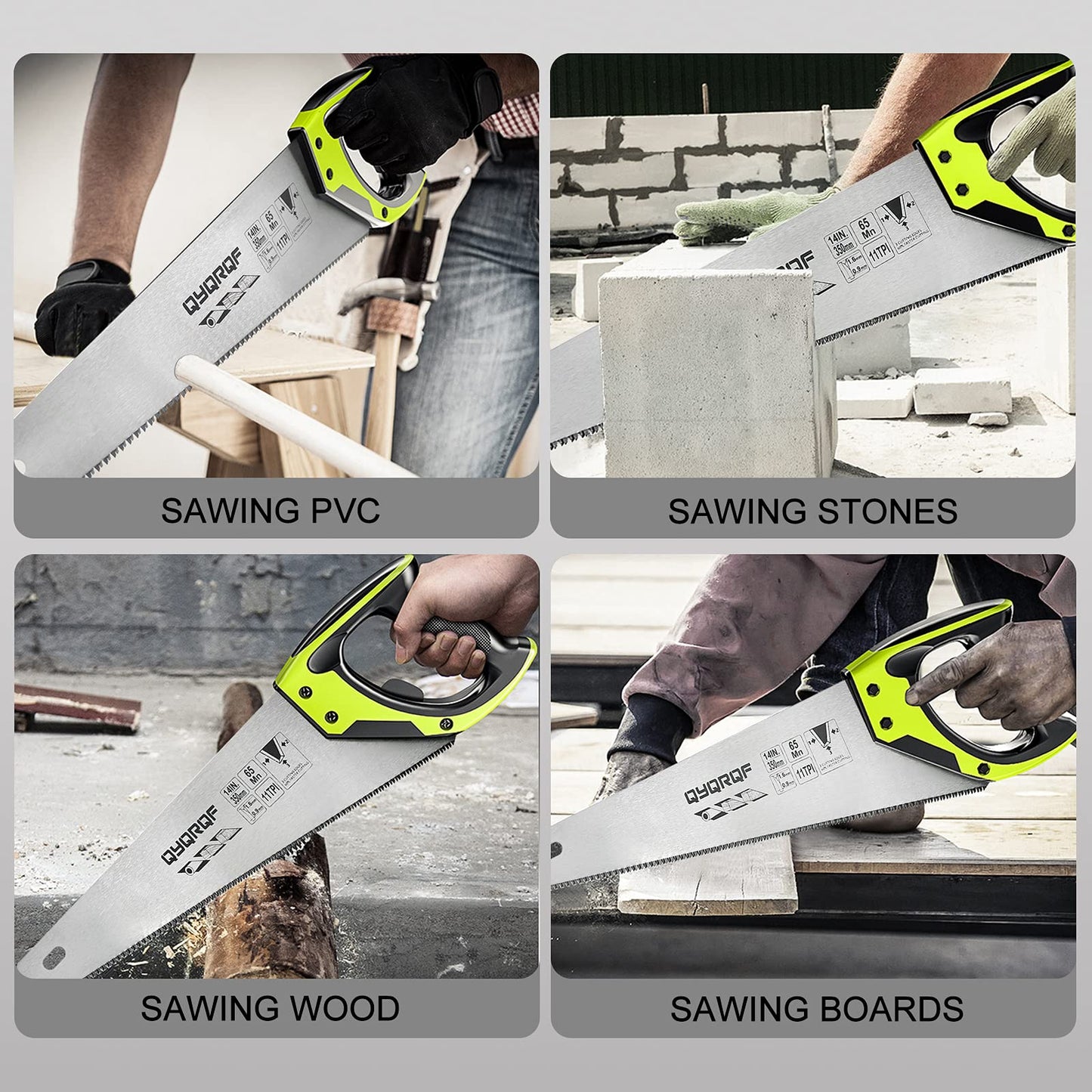 14 in. Pro Hand Saw, 11 TPI Fine-Cut Soft-Grip Hardpoint Handsaw Perfect for Sawing, Trimming, Gardening, Cutting Wood, Drywall, Plastic Pipes, Sharp Blade, Ergonomic Non-Slip Handle (green)
