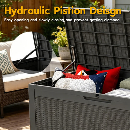 LAUSAINT HOME 280 Gallon Colossal Resin Deck Box with Hydraulic Pistons - Grand Estate Size Waterproof Outdoor Storage Bench, Lockable Patio Furniture Locker for Pool and Backyard (Black)