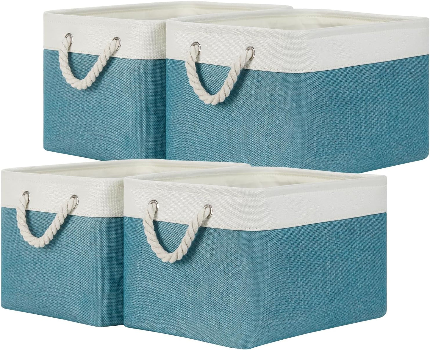 Temary Fabric Storage Baskets 4 Pack, Decorative Bins with Rope Handle for Gift, Clothes, Blankets (White & Teal,