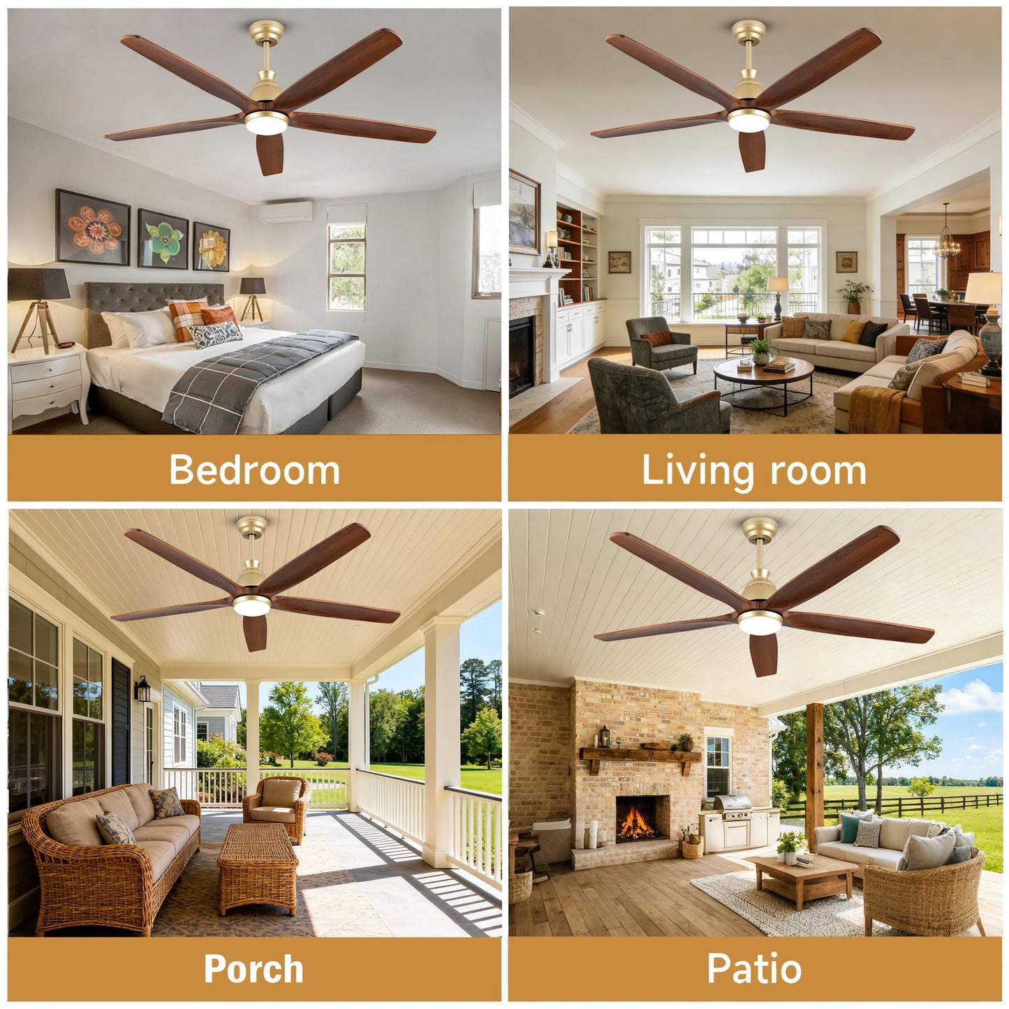 YZEENM 60 Inch Ourdoor Gold Ceiling Fan with Light, 5 Walnut Wood Blade Damp-Rated, Indoor Exterior High CFM Propeller for Patio Farmhouse, 6 Speeds Quiet Reversible DC Motor, for Living Room Porch