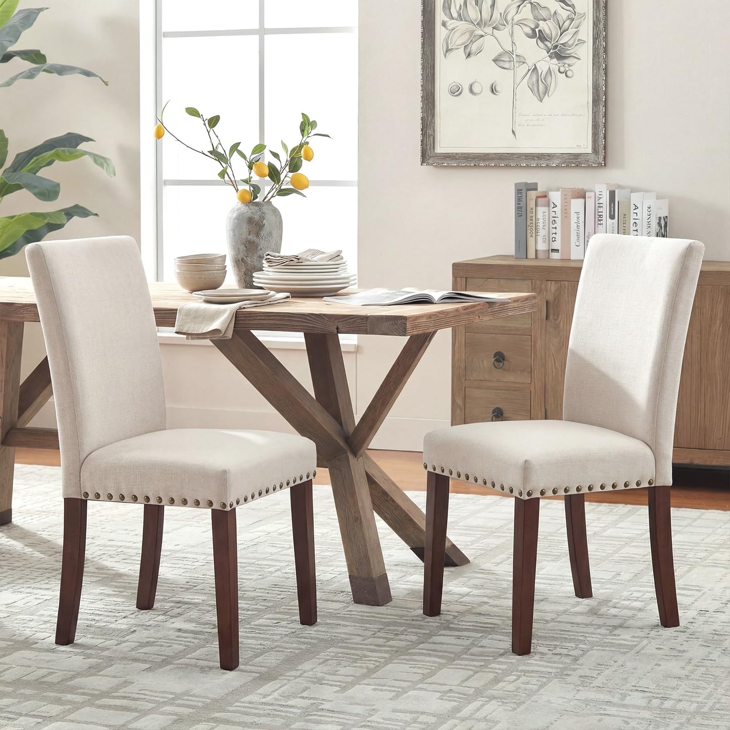 COLAMY Upholstered High Back Dining Room Chairs Set of 4 with Comfortable Padded Seat, Fabric Dining Chairs with Solid Rubber Wood Legs for Dining Room, Classic Gray Damask Pattern, Beige