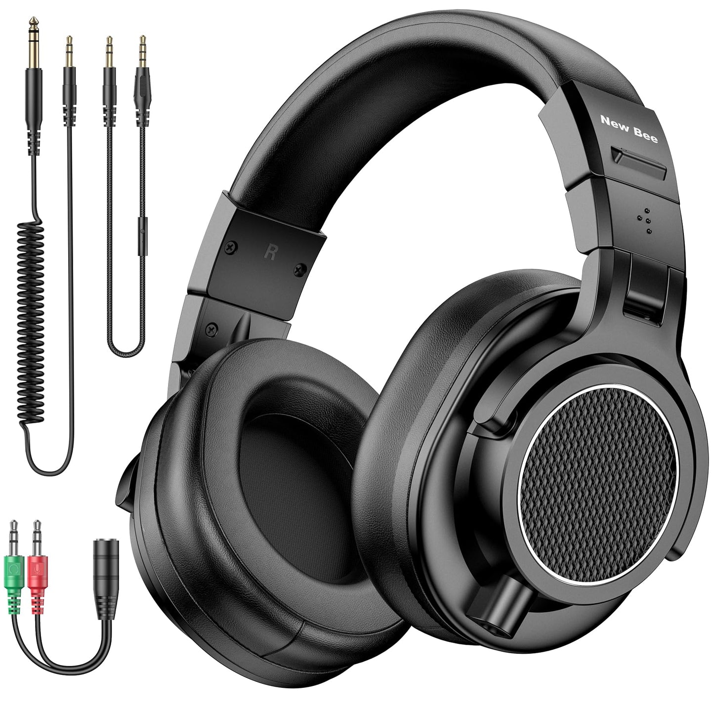 New Bee Wired Over Ear Headphones, Studio Headphones with 50mm Drivers and 6.35mm & 3.5mm Jack DJ Headphones for Studio Monitor & Mixing DJ Guitar AMP Podcast Piano Keyboard