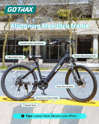 Gotrax 26" Electric Bike, Max Range 30Miles(Pedal-assist1) & 15.5/20Mph Power by 250/350W, 3 Riding Modes & Adjustable Seat, 7-Speed & Front Shock Absorber, Commuter Electric Bicycle for Adults, Black