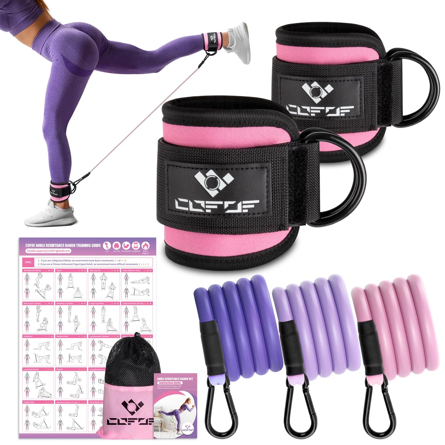 Ankle Resistance Bands With Cuffs for Working Out, Kickbacks, Hip, Leg and Glute Exercise - Training Poster Included - for Women