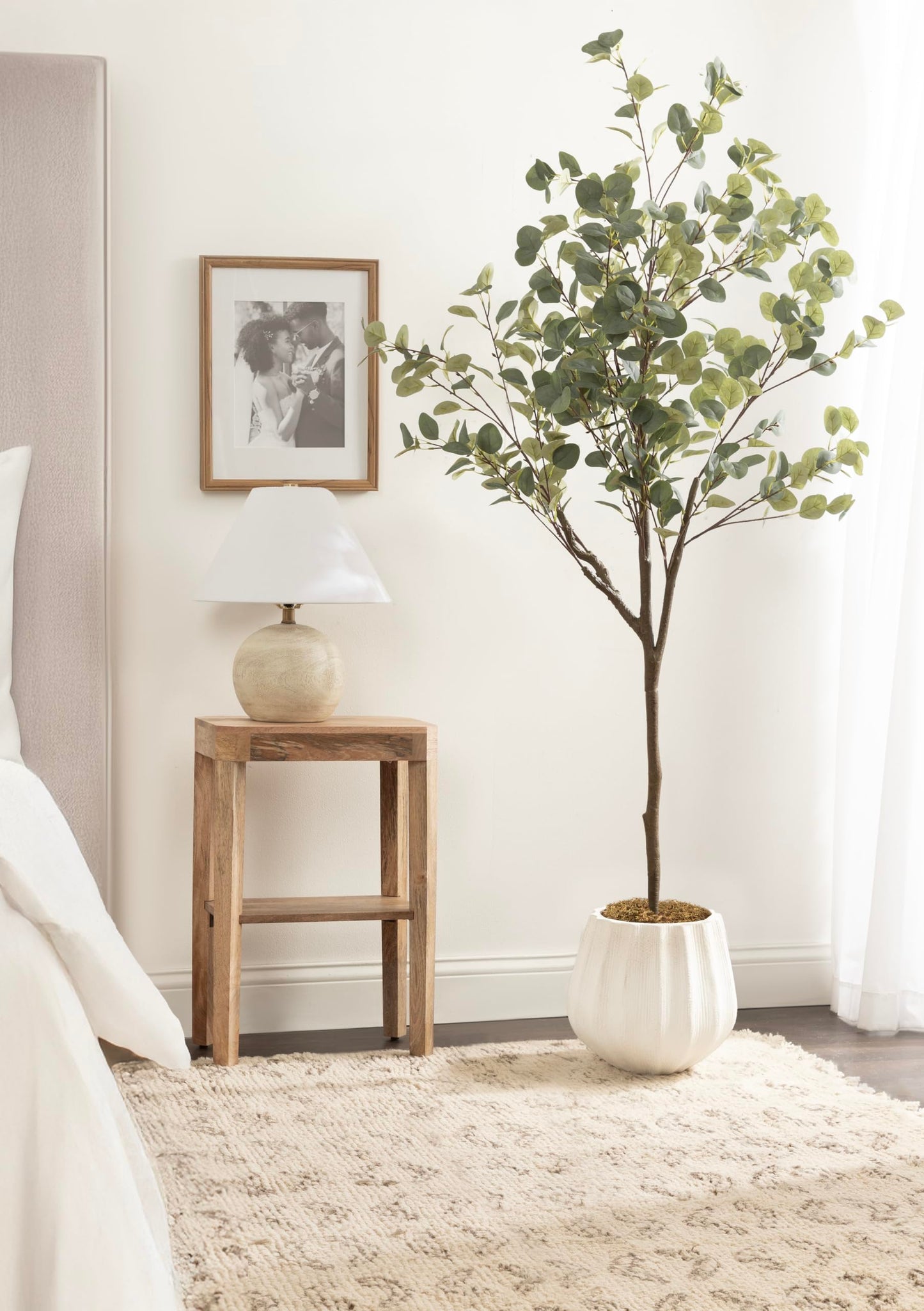 Kate and Laurel Eudora Faux Eucalyptus Tree with Claudel Scalloped Planter Pot, 6 FT, White, Potted Artificial Tree Indoor with Realistic Foliage and Added Moss, Fake Plant for Living Room Decor