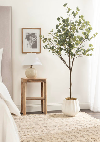 Kate and Laurel Eudora Faux Eucalyptus Tree with Claudel Scalloped Planter Pot, 6 FT, White, Potted Artificial Tree Indoor with Realistic Foliage and Added Moss, Fake Plant for Living Room Decor