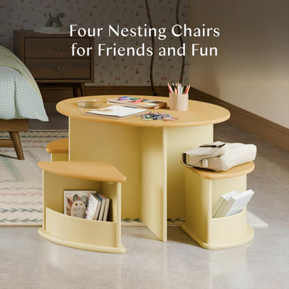 Babyletto Nessa Nesting Play Table - Kids Table and Chair Set w/ 4 Storage Stools - GREENGUARD Certified Round Wooden Toddler Playroom Set for Reading, Art, Play in Nursery/Home - Pale Yellow/Honey