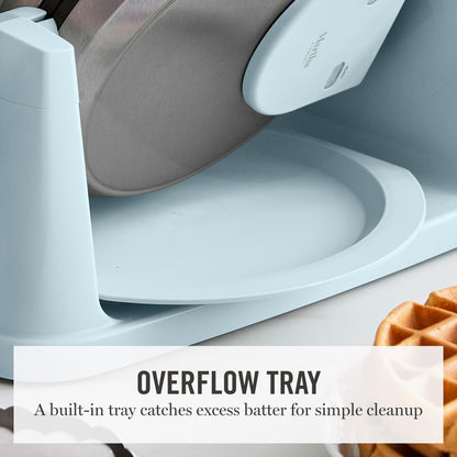 Martha Stewart Rotating Waffle Maker, 180° Flip Iron with PFAS-Free Nonstick Plates, Adjustable Timer, Ready Light, Drip Tray, Space Saving, Classic Round 7”, Easy to Clean, Stainless Steel, Sky Blue