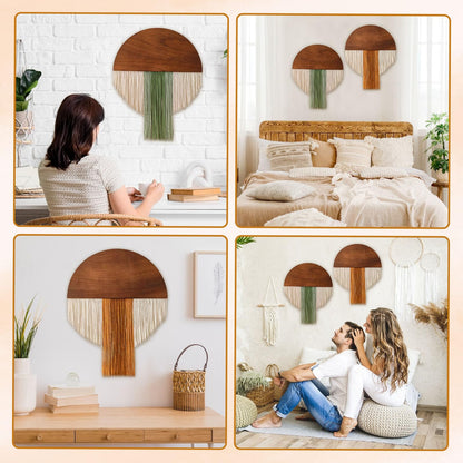 Suteng 2 Pcs Macrame Wall Hanging Bohemian Style Half-Circle Wooden Board Fringe Tapestry, Boho Decor Wall Tapestry Handmade Round Tassel for Living Room Bedroom Apartment Wall Art Headboard Decor