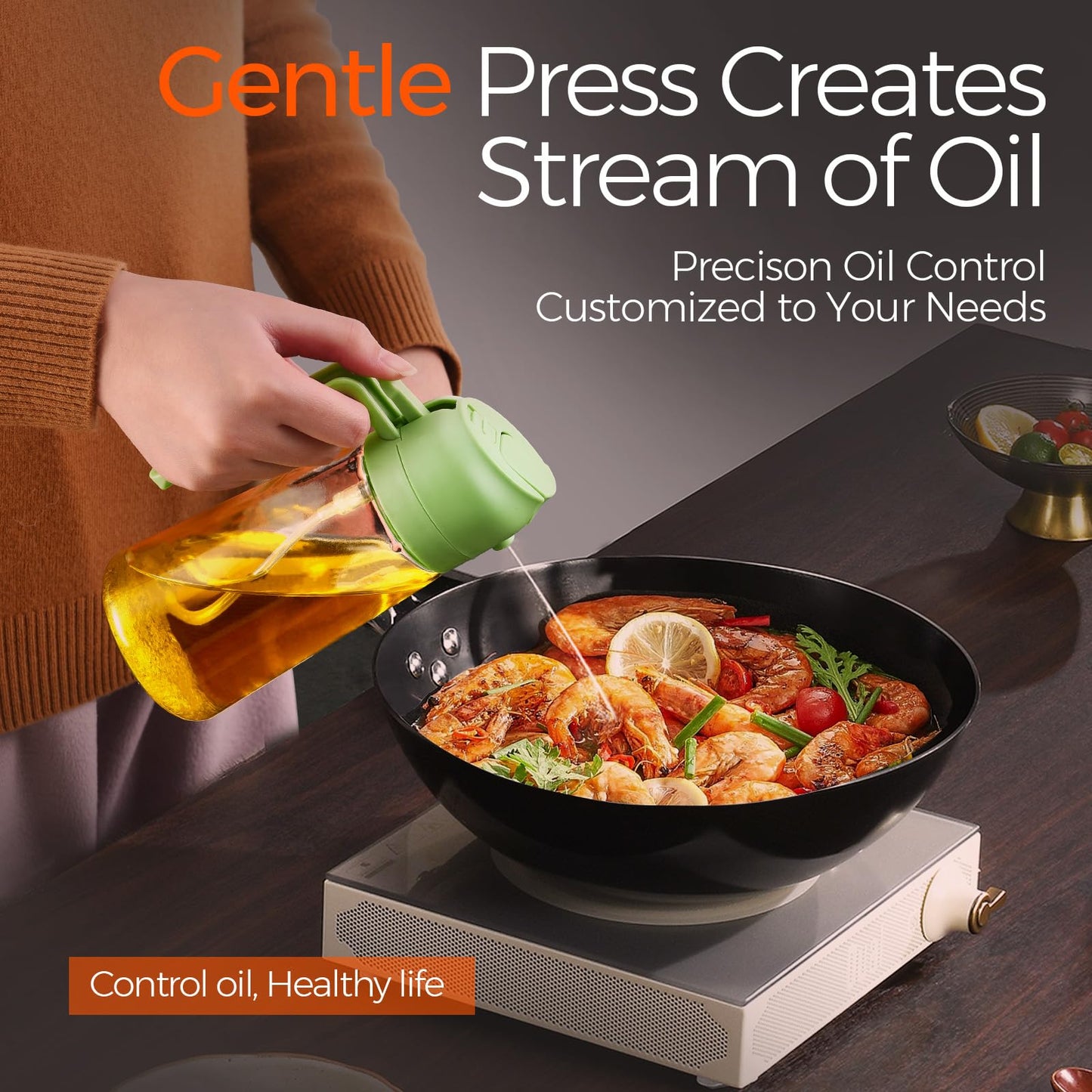 YARRAMATE 16oz/470ml Glass Olive Oil Sprayer for Cooking with Stickers, 2 in 1 Oil Dispenser for Kitchen Gadgets, Food Grade Premium Spray Bottle with Portion Control for Salad, Frying, BBQ (Green)