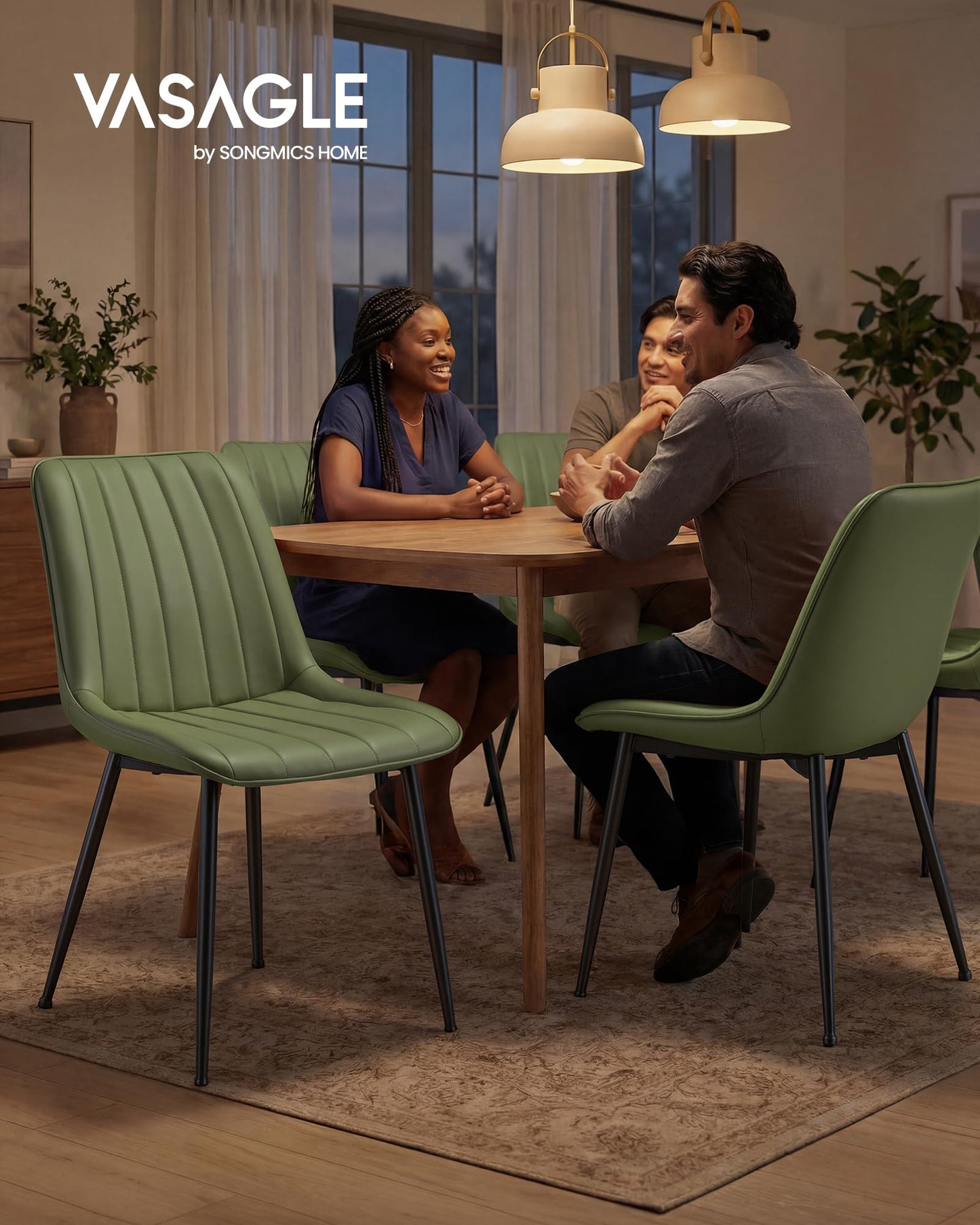 VASAGLE Dining Chairs Set of 6, Upholstered Kitchen Chairs, Synthetic Leather, Max. Load 264 lb, Steel Legs, Curved Backrest, for Dining Room, Forest Green and Ink Black ULDC090CH02-3J