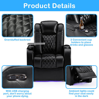 Weilianda Home Theater Seating Top Grain Leather Recliner Chair Power Headrest and Recline Movie Seats Gaming Sofa with Tray Table Type-C USB Charge Cup Holders Row of 6 Black