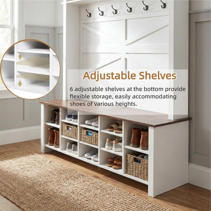 Farmhouse Hall Tree with Bench and Shoe Storage, 4-in-1 Entryway Coat Rack with 6 Hooks, 16-Cube Open Shelves & Adjustable Shelf, Wooden Entry Way Bench with Shoe Storage for Mudroom, Living Room