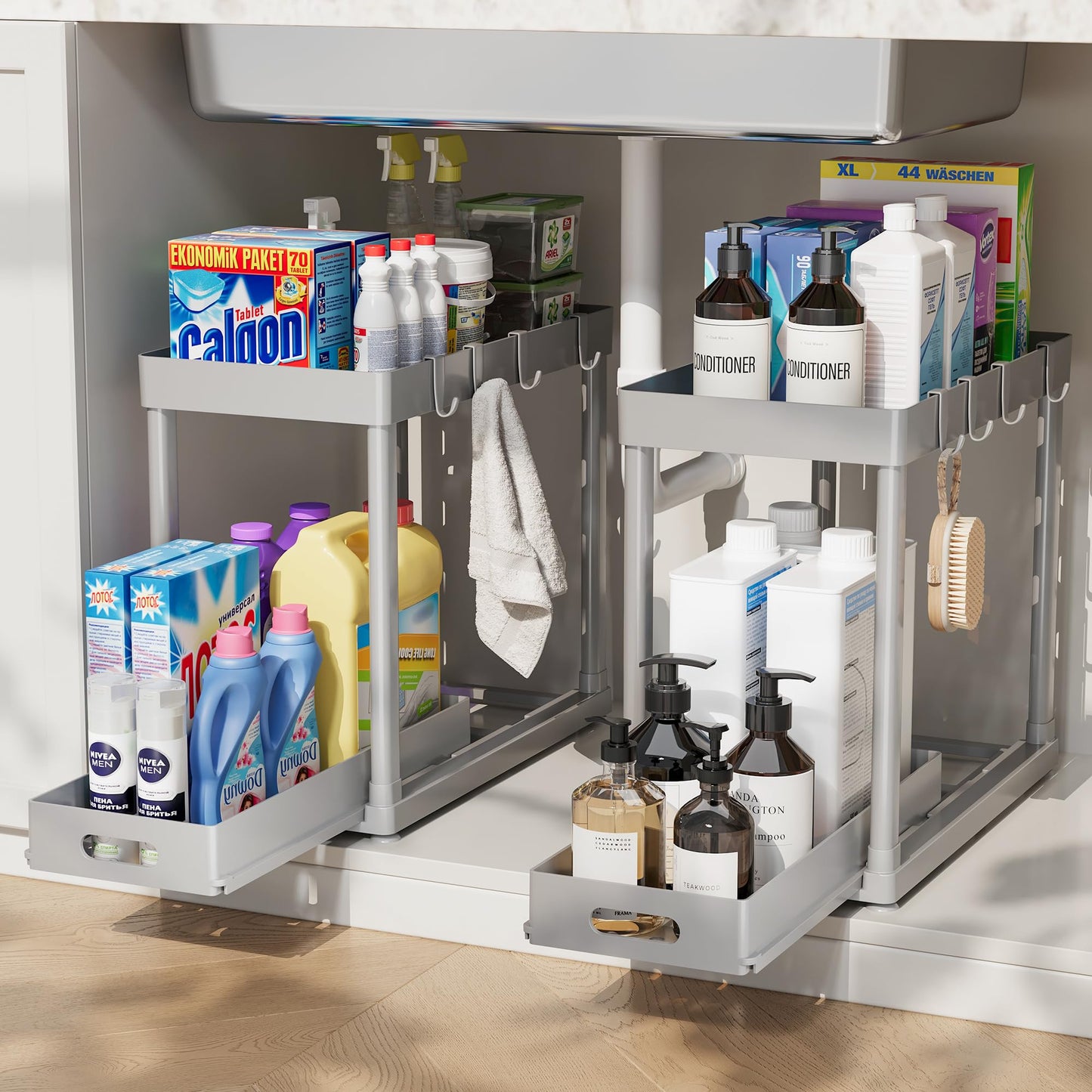2PC Under Sink Organizer Rack 2 Tier Under Sliding Cabinet Basket Organizer Drawer with 4 Hooks, Multi-purpose Under Sink Storage for Bathroom Kitchen Desktop（Black）