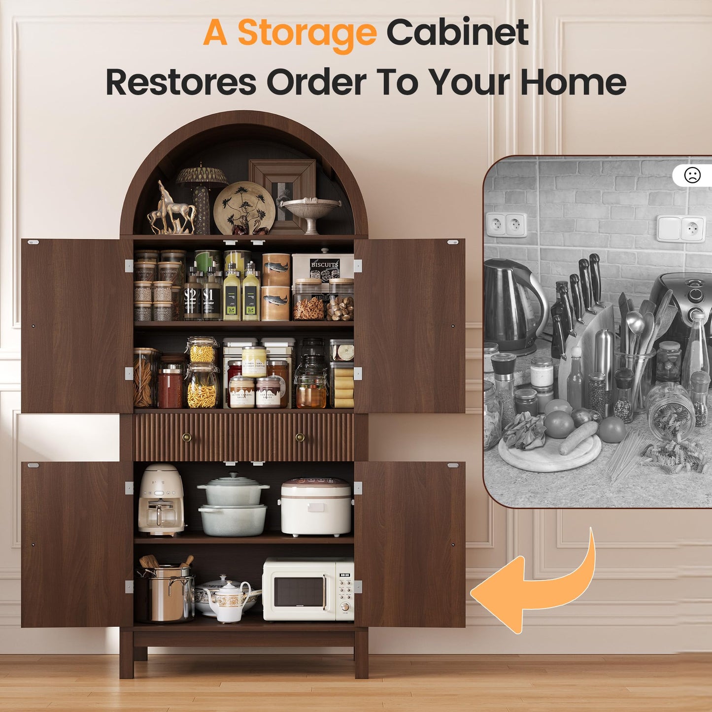 Apicizon 70" Tall Arched Kitchen Pantry Cabinet, 6-Tier Modern Fluted Wood Storage Cabinet with Doors Drawer & Adjustable Shelves, Farmhouse Cupboard Organizer for Dining Room, Bathroom, Walnut