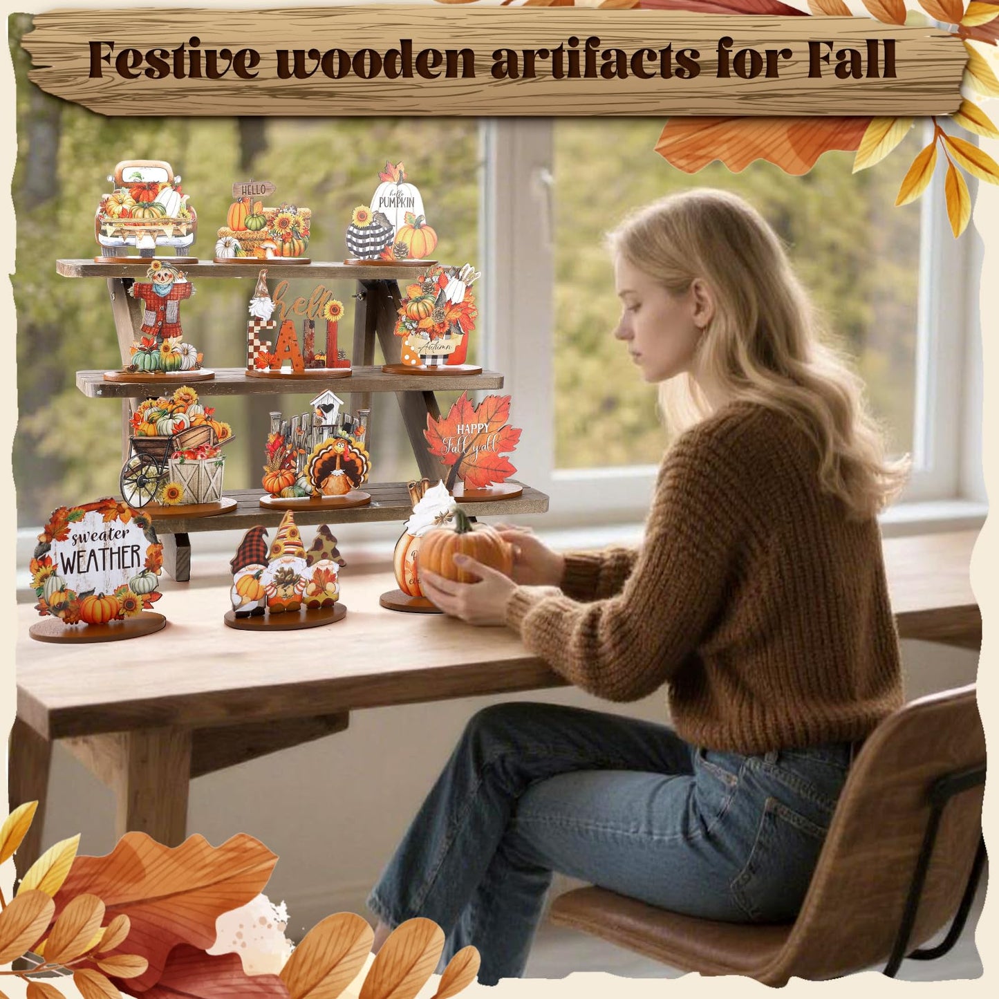 Leinuosen 12 Pcs Fall Table Decorations Thanksgiving Tiered Tray Decor Thanksgiving Centerpieces for Dinner Tables Autumn Gnome Maple Turkey Wooden Sign Fall Decor for Home Kitchen Shelf Farmhouse