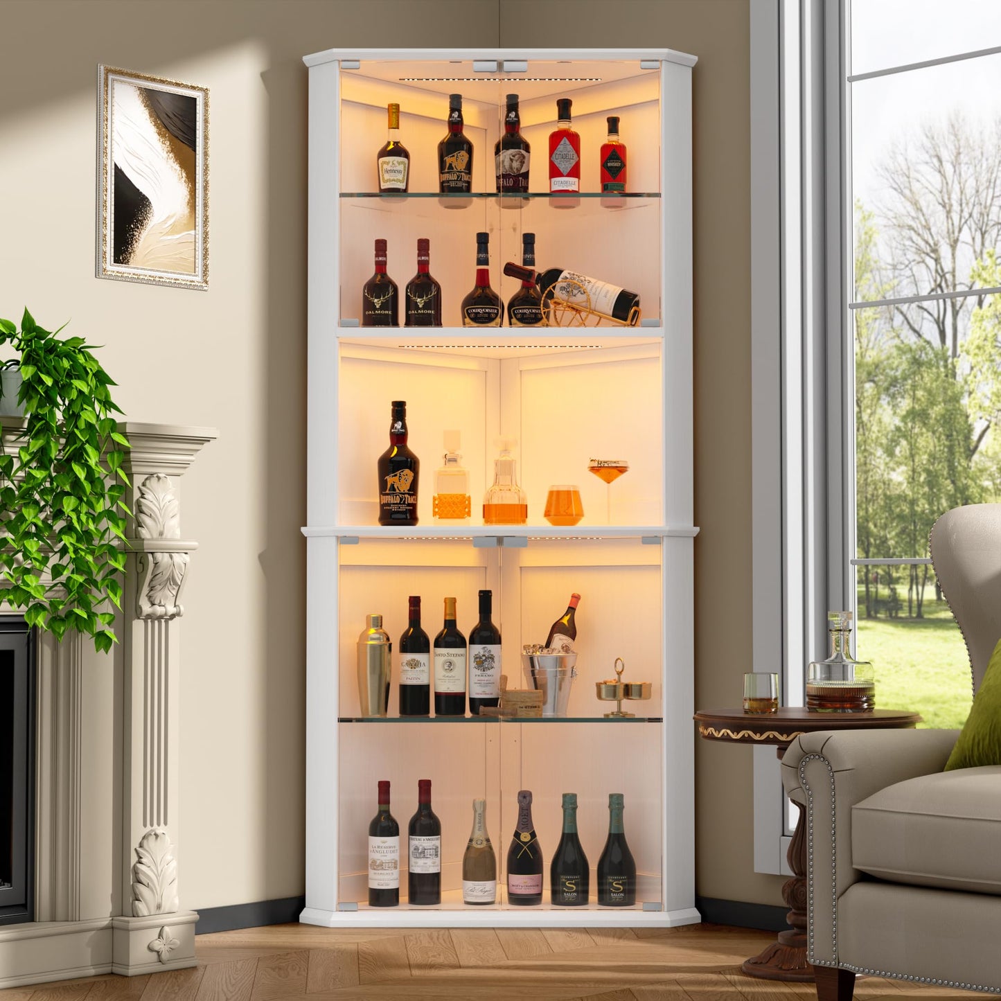 kepptory 71.6" Corner Display Cabinet with LED Lights, 5-Tier Tall Curio Cabinet with Adjustable Glass Shelves&Glass Door, Wine Cabinet for Living Room, Home Bar (White, 25.2''x21.6''x71.6'')