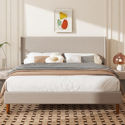 Mxhtcewz King Size Bed Frame, Linen Upholstered Platform with Wingback Headboard, Wooden Slats Support, No Box Spring Needed, Easy Assembly, Beige