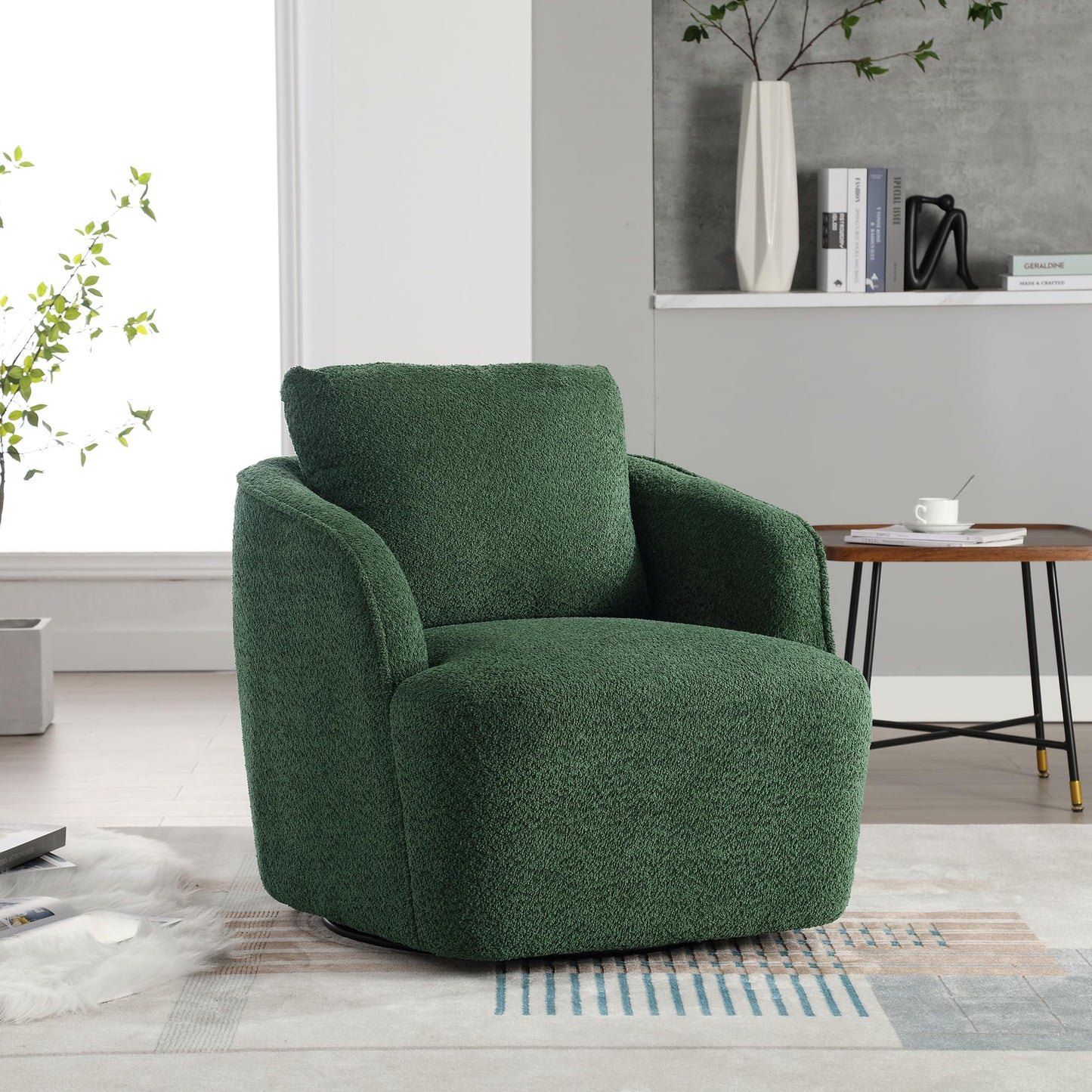 KEIKI 30" Boucle Round Accent Oversized Single Sofa Chair with High Resilience Cushion, Modern Style Upholstered Swivel Accent Barrel Chair, Lounge Armchair, Easy Assembly, for Living Room, Green