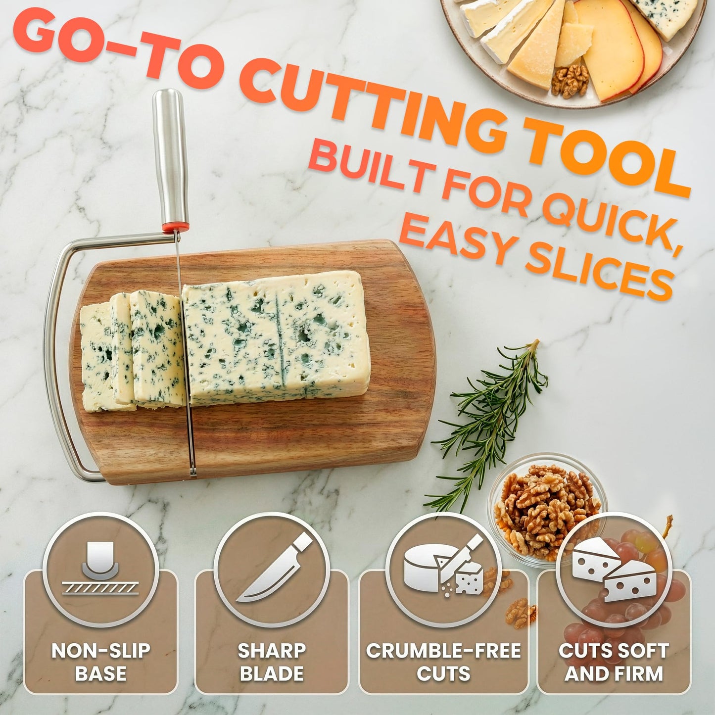 Manual Cheese Slicer for Block Cheese with Stainless Steel Blade & Locking Design - Multipurpose Wood Cheese Cutter Board 8.35x9.17x0.94 in for Slicing Butter, Vegetables, Fruits, Snacks & Deli Foods