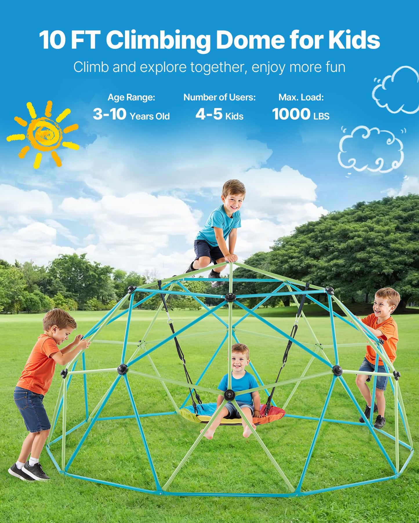 VEVOR Climbing Dome, 10FT Geometric Dome Climber with Saucer Swing, 1000LBS Loading Kid's Jungle Gym Playground, Easy-Assembly Outdoor Backyard Climbing Equipment for Boys Girls 3 to 10 Years Old