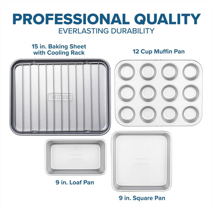 Viking Premium Nonstick Ceramic Baking Pans Set - 5-Piece Heavy Gauge Bakeware | Oven Safe to 475°F, Silver
