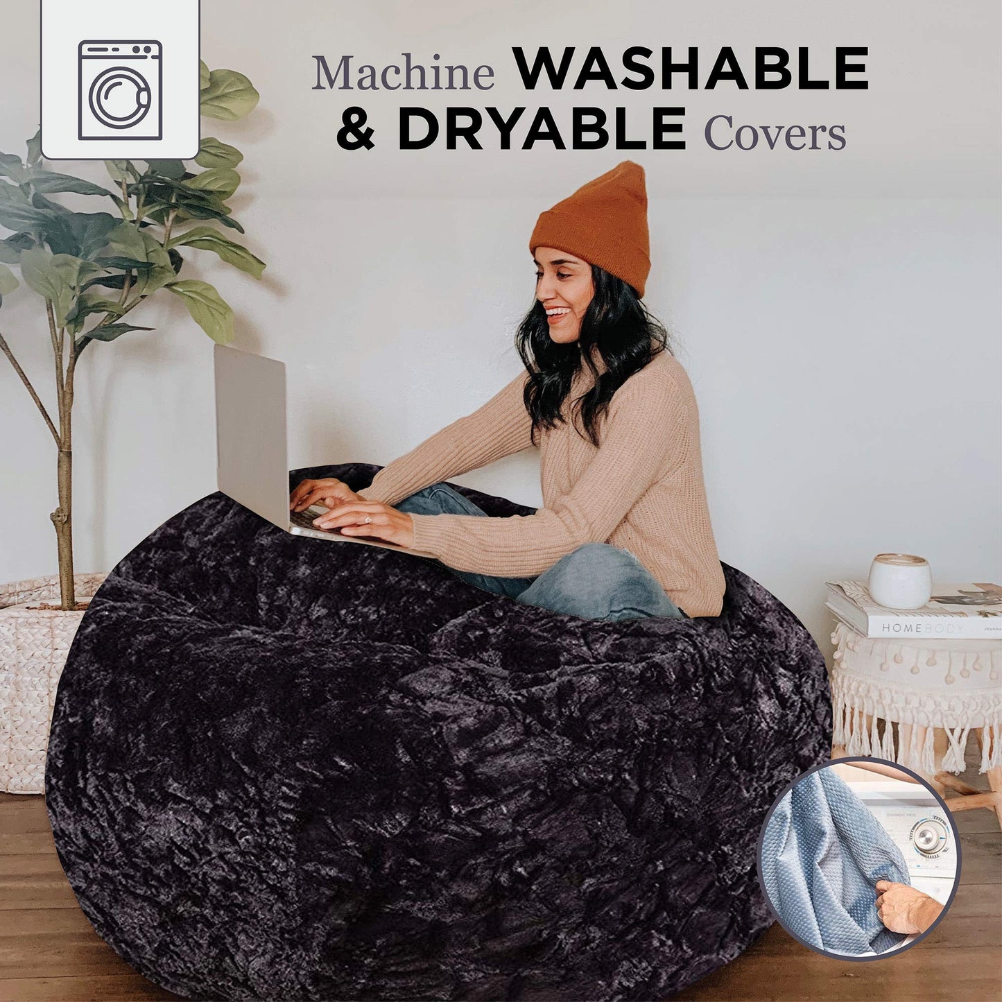CordaRoy's Faux Fur Bean Bag Chair, Convertible Chair Folds from Bean Bag to Lounger, As Seen on Shark Tank, Black - Queen Size