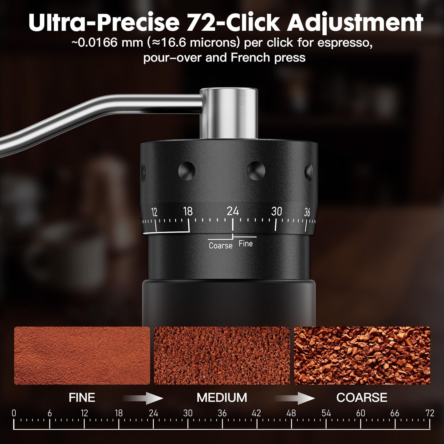 COOL KNIGHT Manual Coffee Grinder, 7-Edge SUS420 Stainless Steel Conical Burr, 72-Click External Adjustment, 25g Capacity, Aluminum Body, Walnut Handle, Magnetic Catch Cup for Espresso & Pour Over