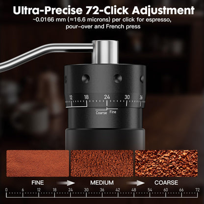 COOL KNIGHT Manual Coffee Grinder, 7-Edge SUS420 Stainless Steel Conical Burr, 72-Click External Adjustment, 25g Capacity, Aluminum Body, Walnut Handle, Magnetic Catch Cup for Espresso & Pour Over