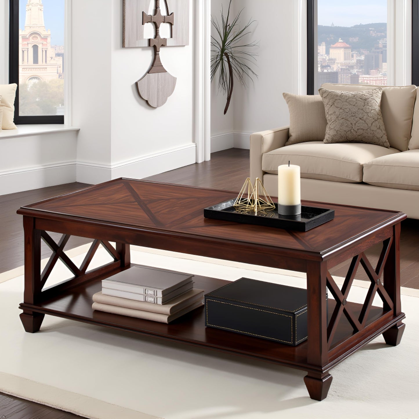 Stockbridge 45-Inch Wood Coffee Table with Storage Shelf and Detailed Side Panels – Easy to Assemble Traditional Accent Table for Living Room or Home Office by Alaterre Furniture