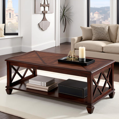 Stockbridge 45-Inch Wood Coffee Table with Storage Shelf and Detailed Side Panels – Easy to Assemble Traditional Accent Table for Living Room or Home Office by Alaterre Furniture