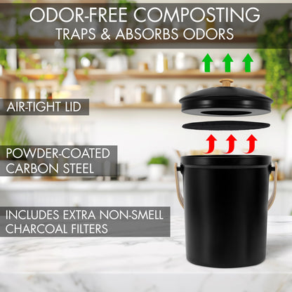 Beautiful Kitchen Compost Bin with Smell Proof Lid - Rust Proof and Odorless Compost Bucket for Your Countertop with No Smell Filters - Easy to Clean 1.1 Gallon Bin Looks Great On Any Kitchen Counter