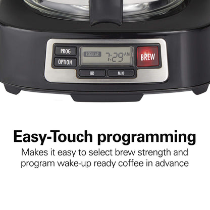 Hamilton Beach 5 Cup Drip Coffee Maker with Easy FrontFill Basket, Compact Design, Programmable Clock, Glass Carafe, Auto Pause and Pour, Black & Stainless Steel (46111)